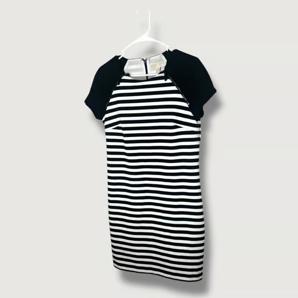 Michael Michael Kor Black White Zipper Trim Striped Sheath Dress Size 6